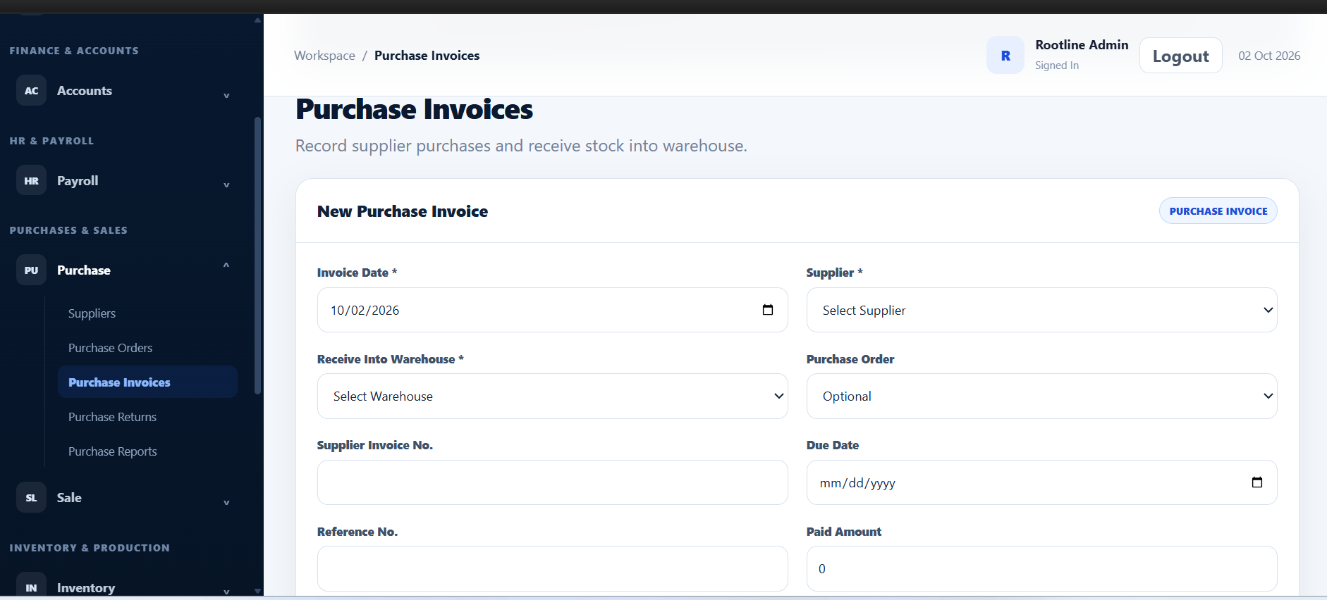Rootline Trading Purchase Invoices